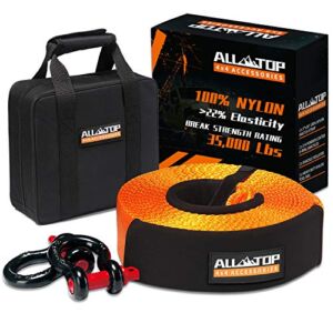 ALL-TOP Nylon Heavy Duty Tow Strap Recovery Strap Kit : 3 inch x 30 ft (35,000 lbs) 100% Nylon and 22% Elongation Snatch Strap + 3/4 Heavy Duty D Ring Shackles (2pcs) + Storage Bag