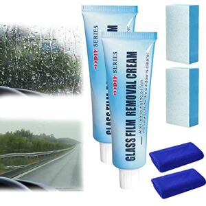 Car Glass Oil Film Cleaner, Glass Oil Film Remover for Car, Glass Film Removal Cream, Car Windshield Oil Film Cleaner, Glass Stripper Water Spot Remover with Sponge and Towel (2 Set)