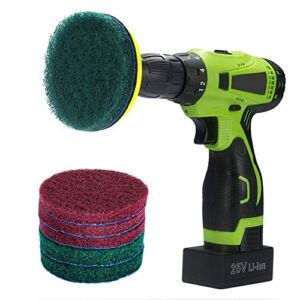 Kichwit 4 Inch Drill Power Brush Tile Scrubber Scouring Pads Cleaning Kit, Includes Drill Attachment, 3 Red Pads and 3 Stiff Green Pads, Heavy Duty Household Cleaning Tool (Drill NOT Included)