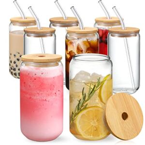 [ 8pcs Set ] Drinking Glasses with Bamboo Lids and Glass Straw – 16oz Can Shaped Glass Cups, Beer Glasses, Iced Coffee Glasses, Cute Tumbler Cup, Ideal for Cocktail, Whiskey, Gift – 2 Cleaning Brushes