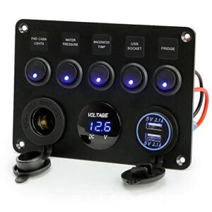 Marine Ignition Toggle Rocker Switch Panel Dual USB Socket Charger 4.2A + LED Voltmeter + 12V Power Outlet + 5 Gang ON-Off Toggle Switch Multi-Functions Panel for RV Car Boat Vehicle Truck Yacht