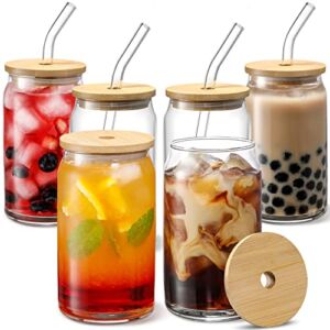 [ 6pcs Set ] Glass Cups with Bamboo Lids and Glass Straw – Beer Can Shaped Drinking Glasses, 16 oz Iced Coffee Glasses, Cute Tumbler Cup for Smoothie, Boba Tea, Whiskey, Water – 2 Cleaning Brushes