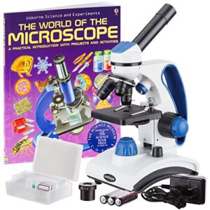 AmScope M162C-2L-PB10-WM”Awarded 2018 Best Students and Kids Microscope Kit” – 40X-1000X Dual Light All Metal Microscope with Slides and Microscope Book