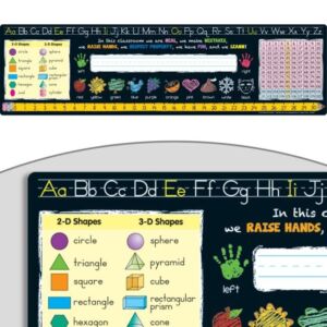 Really Good Stuff 24PK Chalkboard-Style Grades K-2 Self-Adhesive Deluxe Plastic Desktop Reference Nameplate with a number line, alphabet letters, 2-D and 3-D shapes, colors, left and right, 120 grid