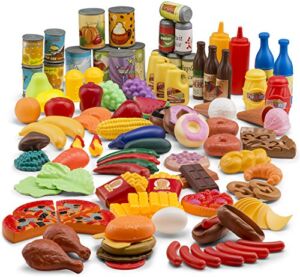 JaxoJoy Pretend Play Food Set, Toy Food Assortment Playset for Kids & Toddlers, Pretend Play Food Sets for Kids Kitchen, Kitchen Toys, Fake Food, Play Kitchen Accessories (122pcs)
