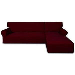 PureFit Super Stretch Sectional Couch Covers – 2 pcs Spandex Non Slip Sofa Covers with Elastic Bottom for L Shape Sectional Sofa Couch, Great for Kids & Pets (3 Seat Sofa + 3 Seat Chaise, Wine)
