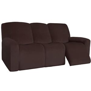 Easy-Going 8 Pieces Velvet Recliner Sofa Cover Stretch Reclining Slipcover Couch Cover for 3 Cushion Soft Washable Furniture Protector for Kids Pets (Sofa, Chocolate)