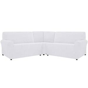 CHUN YI 3 Piece Corner Sofa Slipcover Sectional Couch Covers L Shaped Sofa Slip Cover Suitable for Chaise Lounge, Checks Spandex Jacquard Fabric (White)