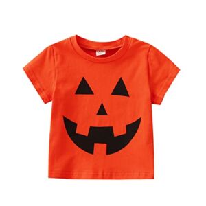 Toddler Baby Boys Girls Halloween Pumpkin Ghost Face Tshirt Short/Long Sleeve Crewneck Tee Shirts Halloween Tops Clothes (Smile Orange, 3-4 Years)