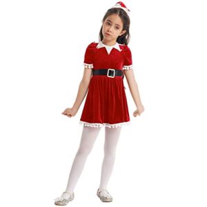 zdhoor Kids Girls Child Holiday Elf Costume Dress Mrs Santa Claus Christmas Velvet Flowy Dress Hat Outfit Red 6 Years