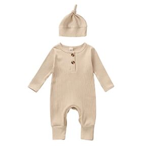 iddolaka Newborn Autumn Winter Baby Boy Girl Rompers Bodysuit Jumpsuit Playsuit One Piece Outfit Clothes with Hat (A-Beige, 0-3 Months)