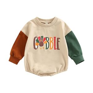 Thanksgiving Newborn Baby Girl Boy Outfit Gobble Long Sleeve Sweatshirt Romper Oversized Sweater Shirt Fall Clothes (Brown Green Khaki, 3-6 Months)