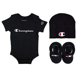 Champion baby boys Infant 3-piece Box Includes Body Suit, Bib Or Hat Booties and Toddler T Shirt Set, Classicscript-black 001, 0-6 Months US
