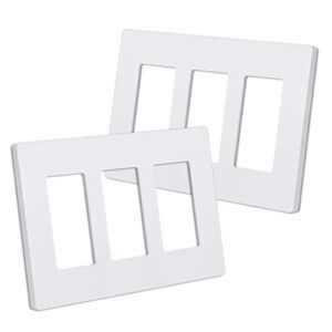 CML Matte White Decorator Screwless Wall Plate, 3-Gang Outlet Covers, 2 Pack Decorative Light Switch Plates, Scratch and Impact Resistant, Polycarbonate, Standard Size 4.68” X 6.54”