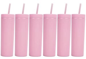 Matte Pink Skinny Tumblers with Lids and Straws.Double Walled Reusable Plastic Acrylic Travel Smoothie Drink Tea Iced Coffee Tumbler Cups.Insulated Pastel Colored Skinny Tumblers Bulk（20oz)