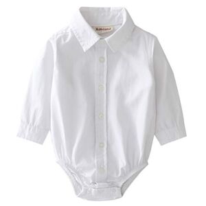 MOMOLAND Infant Baby Boys Plaid Bodysuit Woven Shirt Button Up Long Sleeves Navy (White, 12-18 Months)