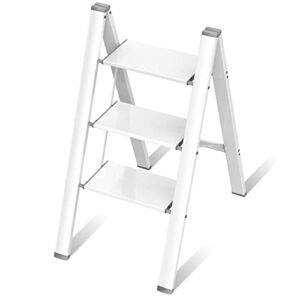 Asoopher 3 Step Ladder, Aluminum Folding Step Stool with Wide Anti-Slip Pedal, 330 Lbs Capacity, Lightweight & Portable Stepladder for Household and Office, White