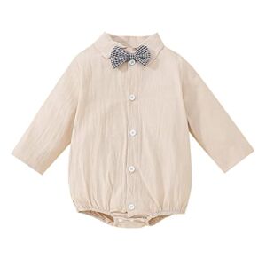 Infant Boy Button Up Bodysuit Baby Boys Long Sleeve Romper Toddler Boy Bowtie Outfit (Beige-B, 6-12 Months)