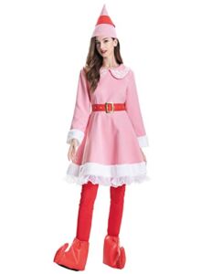 Wabolay Elf Costume for Women Jovie Dress 5pcs Adult Christmas Outfit Girls Cute Pink Santa Couple Suit Holiday Xmas Party Set L