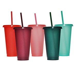 Tumbler with Straw and Lid,Water Bottle Iced Coffee Travel Mug Cup,Reusable Plastic Cups,Perfect for Parties,Birthdays,24oz-5 Pack (Rainbow Glitter(24oz)