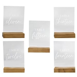 Hanna Roberts Modern Table Number Acrylic Signs with Wood Stand for Wedding Reception, Restaurant, Event Party, 3.9″ x 1.5″ x 5.8″ (Set of 5, 11-15)