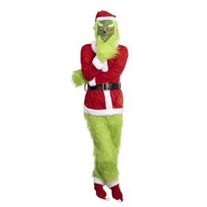 Green Big Monster Costume for Men, 7 PCS Christmas Deluxe Furry Santa Suit with Mask, Xmas Holiday Outfit Set(XXL)