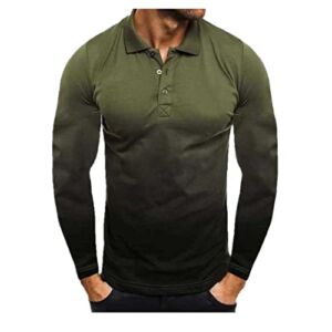 Gradient Tshirt Men Slim Fit Fashion Long Sleeve T-Shirts Button Lapel Graphic Tees Fitness Athletic Top Shirts Army Green
