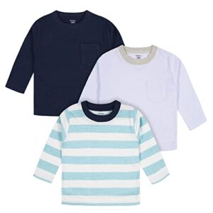 Gerber Baby Boys’ 3-Pack Long Sleeve Pocket Tees, Blue Stripes & Solids, 18 Months