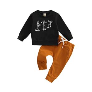 Toddler Baby Boy Halloween Outfit Spooky Skeleton Crewneck Sweatshirt Top Shirts Pants Fall Halloween Clothes Set (Black-skeleton outfit , 12-18 Months )