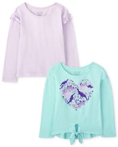 The Children’s Place Baby Toddler Girls Long Sleeve Fashion Shirt, Dino Heart/Solid Lilac 2 Pack, 18-24 Months