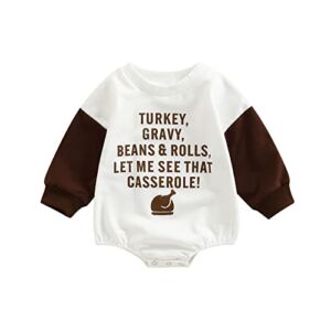 Thanksgiving Baby Girl Boy Clothes Turkey Romper Sweatshirt Onesie Oversized Long Sleeve Bodysuit Top Fall Winter Outfit (White Brown Letters, 3-6 Months)