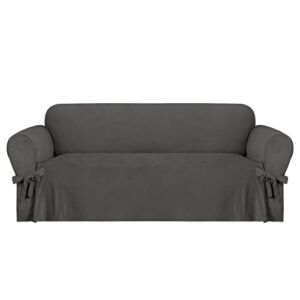 Easy-Going Velvet Couch Covers for 3 Cushion Couch Sofa, Luxury Velvet Sofa Cover with Ties, One Piece Sofa Slipcover for Living Room (Dark Grey, Sofa)