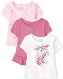The Children’s Place baby girls The Children’s Place and Toddler Short Sleeve Fashion Top Shirt, Unicorn/ Rose Mist/ Paint Splatter- 3 Pack, 18-24 Months US