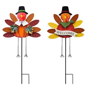 Thanksgiving Decorations Outdoor, YEAHOME 2 Pack 34″ Decorative Garden Stakes with Turkey Pumpkin Welcome Sign Thanksgiving Decor, Metal Yard Sign for Garden Yard Lawn Fall Decorations