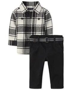 The Children’s Place Baby Toddler Boys Long Sleeve Button Down Shirt and Chino Pants Set, Black Plaid, 6-9 Months