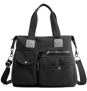 Women Utility Tote Bag Waterproof Nylon Multi Pocket Shoulder Bags Work Bag Teacher Purses and Handbags for Nurses (Black)