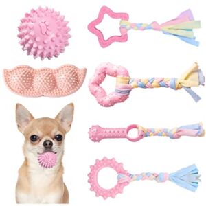 ABRRLO 6 Pack Puppy Chew Toys for Teething Small Dogs Toys for Puppies Cute Pink Soft Durable Rubber Pea Ball Rope Pet Toy for Anxiety Relief Cleaning Teeth and Protect Oral Health (Light Pink)
