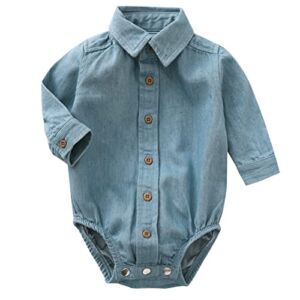 MOMOLAND Infant Baby Boys Woven Denim Button Up Bodysuit Romper Shirt (9-12 Months, Denim 265)
