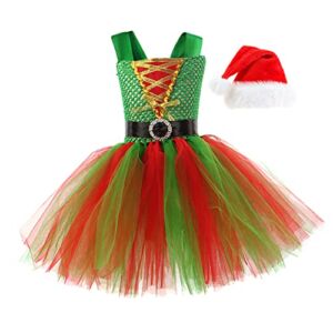 Child Holiday Green Elf Costume Dress and Hat Elf Costume for Girls Child Holiday Green Elf Tutu Tulle Dress and Hat Elf Costumes for Toddler Santa’s Helper Xmas Green & Red Santa 8-9 Years