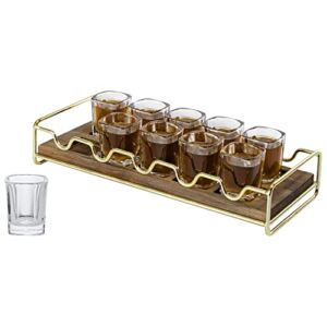 MyGift Shot Glass Tray Serving Set, Burnt Wood and Brass Tone Metal Glasses Holder with 10 Square Shot Glasses, Drinking Tasting Flight Glasses Set