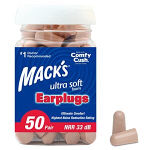 Mack’s Ultra Soft Foam Earplugs, 50 Pair – 33dB Highest NRR, Comfortable Ear Plugs for Sleeping, Snoring, Travel, Concerts, Studying, Loud Noise, Work