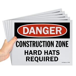 SmartSign (Pack of 5) 9 x 12 inch “Danger – Construction Zone, Hard Hats Required” OSHA Sign, Screen Printed, 10 mil Polystyrene Plastic, Red, Black and White