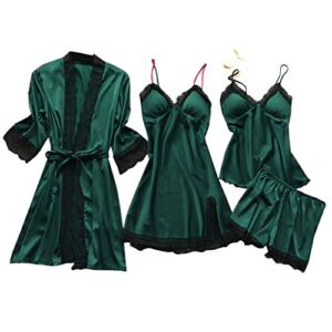 FAVIPT Silk Satin Pajama Set for Women Soft 4 Pcs Sleepwear Floral Lace Trim Cami Top Sexy Lingerie Dress Pajamas with Robe