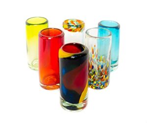 Mexican Tequila Shot Glasses – Set of 6 Large Shot Glasses Pretty Novelty Design Multicolor Recycled Glassware Set Unique Artisan Crafted Dishwasher Safe Hand Blown 2 oz