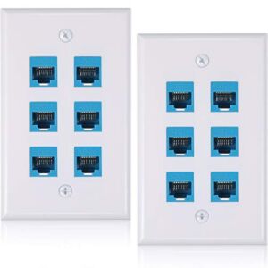2 Pieces 6 Port Ethernet Wall Plate, RJ45 Cat6 Female to Female Jack Inline Coupler Plates Ethernet Cable Faceplates for Cat5 Cat5e Cat6 (Blue)