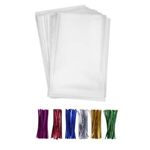 200 Clear Treat Bags 6×9 with 4″ Twist Ties 6 Mix Colors – Thick OPP Plastic Cello Bags for Wedding Cookie Birthday Cake Pops Gift Candy Buffet Supplies (6” x 9”)
