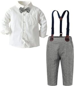 Baby Boys Clothes, Long Sleeve Button Down Dress Shirt with Bowtie + Suspender Pants for Boy, 7# White, Tag 120 = 3-4 Years
