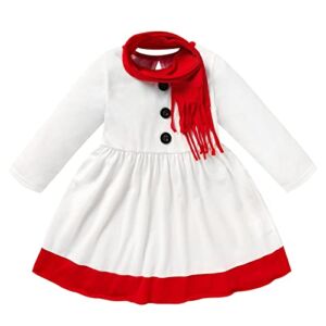 Kids Baby Girl Christmas Dress Snowman Long Sleeve Skirt Holiday Costume Xmas Clothes with Scarf 3-4T White