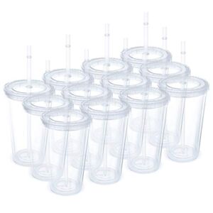 12 Pack Clear Insulated Tumblers, Plastic Tumbler Cups, Double Wall Tumblers, 16Oz Acrylic Insulated Tumbler Cups with Lid and Reusable Straw
