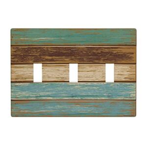 Rustic Wood Texture Light Switch Cover 3 Gang Wall Plate Triple Toggle Switch Plate Covers, Brown Teal Farmhouse Decorative Light Switch Plates, 4.50 x 6.38 Inch